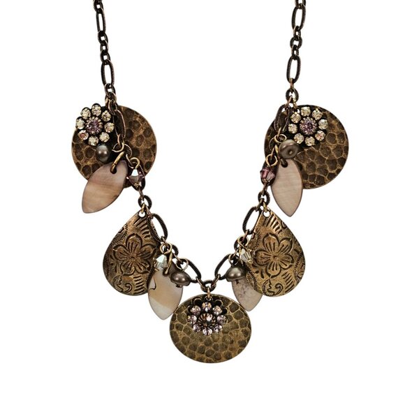 Liz Palacios Hammered Disc Copper Pearls, Pink Crystal, Rhinestone Necklace L470 - Picture 2 of 8